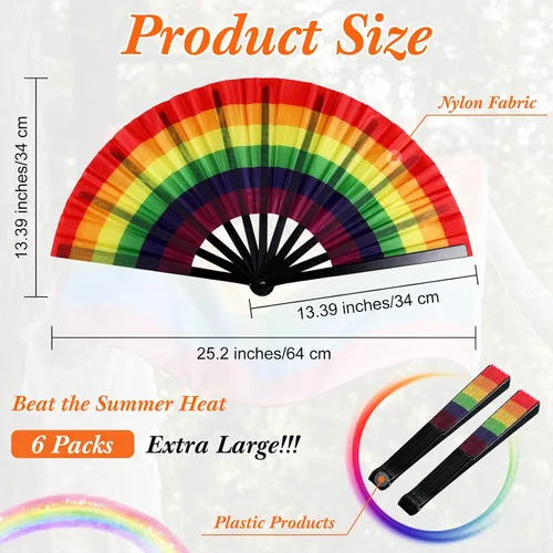 Vista 3 de Geetery 6 abanicos gay plegables de arco iris extragrandes de 13.3 pulgadas, fanáticos LGBT de 13.3 pulgadas, fanáticos del orgullo del festival
