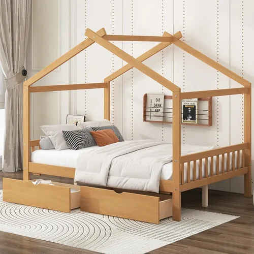 Vista 11 de Merax Cama de plataforma de casa de tamaño individual con cabecero y estribo, marco de cama de madera con diseño de techo para dormitorio,