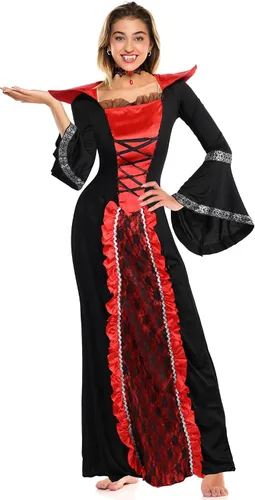 Vista 7 de Xtinmee Juego de 5 piezas de disfraz de vampiro real para niñas, fiesta temática de vampiro, victoriana, reina de vampiro, juego de rol, fiesta