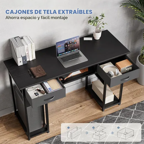 Vista 4 de DUMOS Escritorio para computadora de 48 pulgadas con cajones y gancho, color negro