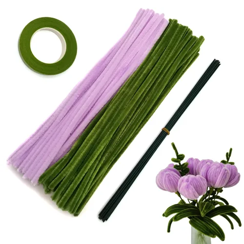 Vista 9 de Juego de 200 limpiapipas naranja verde oliva con alambres florales y cinta de jardinería, tallos de felpilla para hacer ramos de tulipanes, caqui