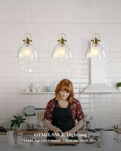 Vista 9 de Luces Colgantes de Vidrio para Isla de Cocina, 7.5 pulgadas Luces Colgantes de Vidrio Dorado 1-Paquete, Lámpara Colgante Moderna con Pantalla