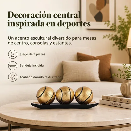 Vista 3 de Bolas decorativas de oro negro para decoración del hogar, 3 orbes de resina con bandeja de exhibición, centro de mesa inspirado para mesa de café