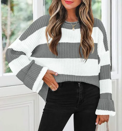 Vista 59 de ZESICA Suéter tejido sin botones de manga larga y cuello redondo, a rayas, bloques de color, cómodo, holgado, talla extragrande para mujer de 2024