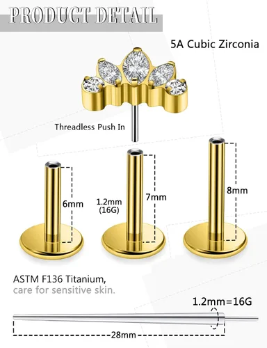 Vista 2 de 20G 18G 16G Astm F136 - Aretes de titanio sin rosca con parte trasera plana, tragus hélice, caracola, piercing, nariz, labio, hélice, cartílago
