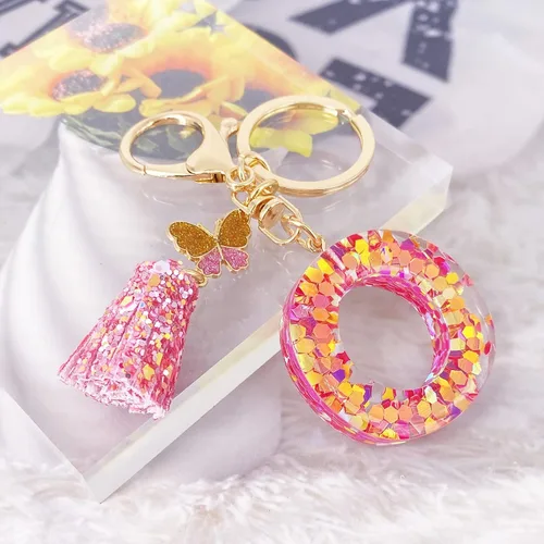 Vista 2 de LAXPICOL Llavero naranja rosa de la A a la Z para mujer, monedero, bolso de mano, mariposa, rosa, lentejuelas de resina, alfabeto, letra inicial