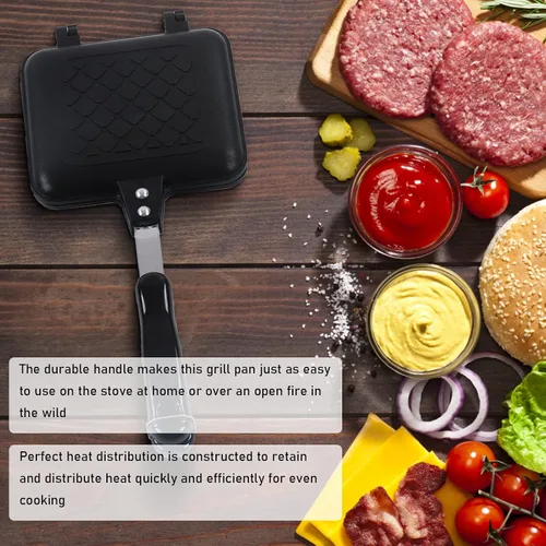 Vista 3 de Flat Bottom Nonstick Pan,Double Sided Frying Pan,Non Stick Coating Aluminum Alloy Waffle Maker Pot,with Dual Handles,for Sandwich Breakfast Panini