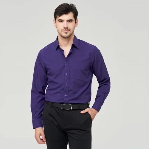 Vista 3 de corfty Camisa de vestir de manga larga para hombre, ajuste regular, elástica, sin arrugas, casual, con botones