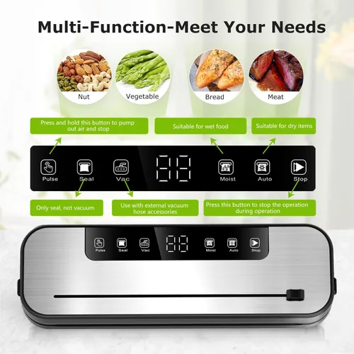 Vista 4 de FIRE HIVE Máquina selladora al vacío 5 en 1 para alimentos, potente succión de 75 KPa, tira de sellado de 11.8 pulgadas, limpieza con luz púrpura