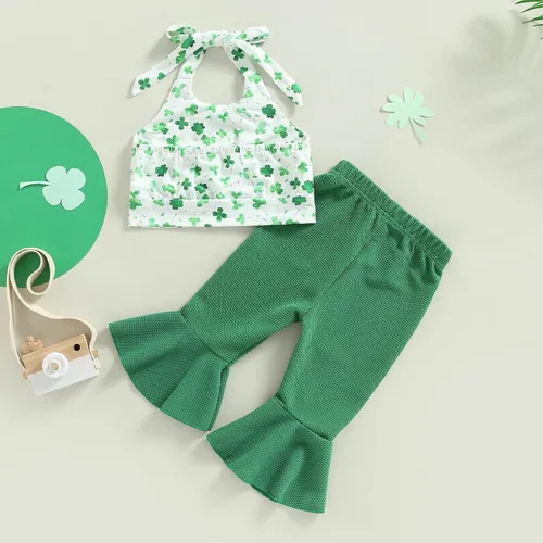 Vista 3 de Conjunto de ropa de verano para niña pequeña, diseño floral, sin mangas, cuello halter, parte inferior acampanada