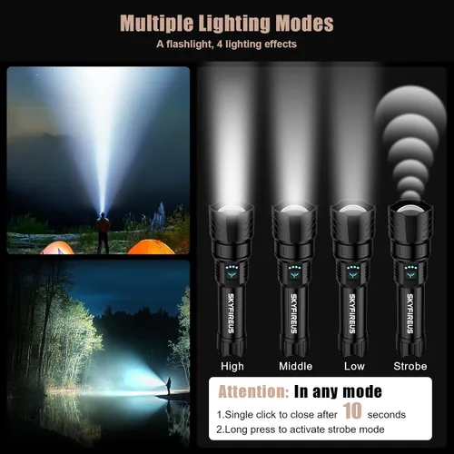 Vista 3 de SKYFIRE Linternas recargables de alto lúmenes, linterna súper brillante de 5000mAh, linterna táctica LED impermeable y potente para camping