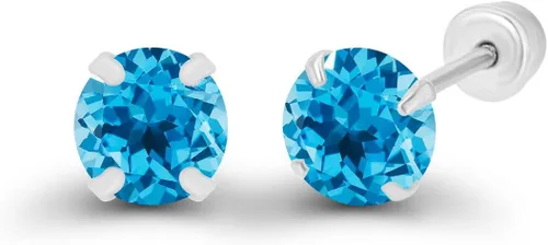 Vista 2 de Aretes de tuerca solitario de oro macizo de 14 quilates hipoalergénicos de 0.118in con piedra natal redonda, Metal Gema Piedra, Circonia cúbica