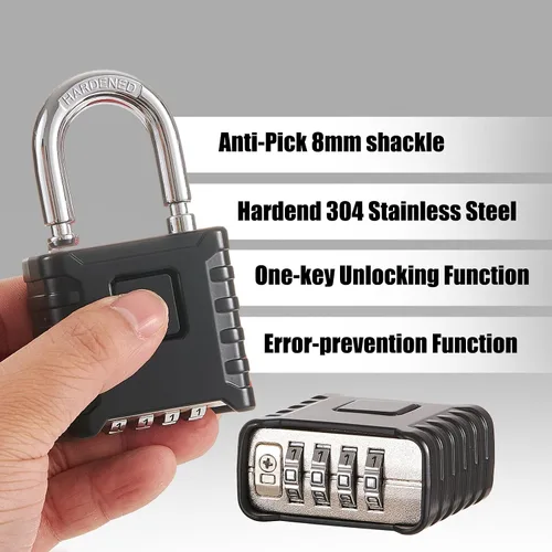 Vista 3 de Cerradura de combinación de 4 dígitos de alta resistencia, gran resistencia, desbloqueo con un toque, función antierror, candado impermeable de alta