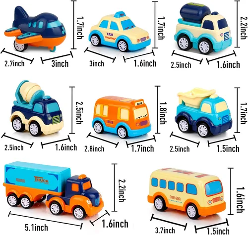 Vista 7 de Paquete de 9 autos de juguete para niños y niñas de 2, 3, 4, 5 años, camión de transporte grande con 8 pequeños camiones de tracción y lindos, juego