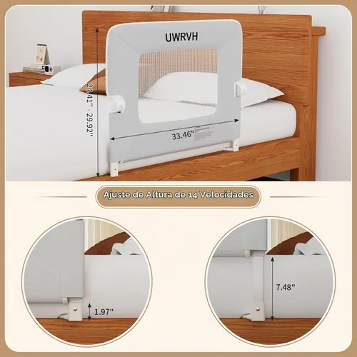 Vista 2 de Riel de cama para niños pequeños, riel plegable de 33 pulgadas, base en forma de T sin taladrar con bloqueo de seguridad, tela 3D suave, protector