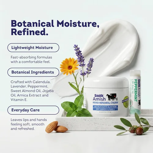 Vista 6 de Smith Amish Crema reparadora de manos tarro de 4.5 onzas más bálsamo labial orgánico de menta.