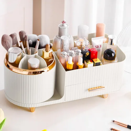 Vista 8 de COMFYROOM Organizador de maquillaje para tocador con soporte para brochas, organizador de maquillaje cosmético de 3 capas, organizador de maquillaje