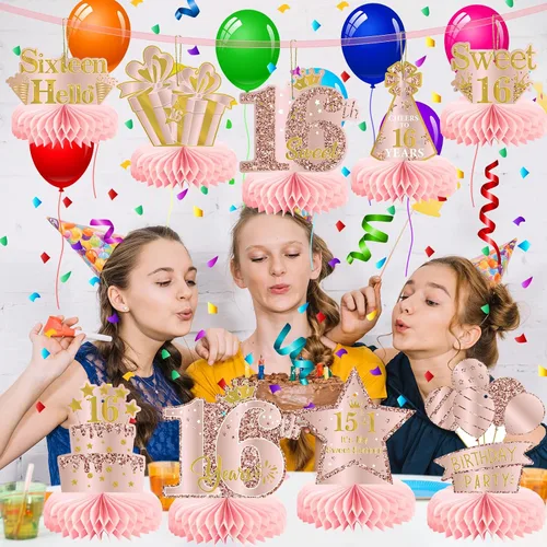 Vista 3 de 9 piezas de decoración de cumpleaños número 16 para niñas, centros de mesa de feliz cumpleaños de 16 años, suministros de fiesta, decoración de mesa