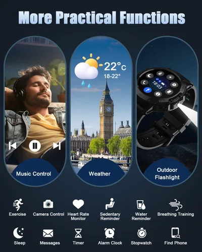 Vista 6 de Relojes inteligentes militares para hombres (respuesta/hacer llamadas), reloj de fitness HD de 1.39 pulgadas, monitor de sueño de frecuencia