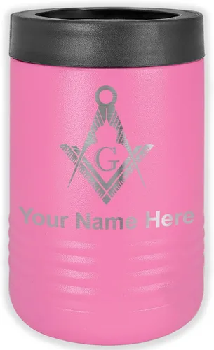 Vista 8 de LaserGram Aislador personalizado de latas y botellas de acero inoxidable, símbolo masón, mantiene las bebidas frías durante más tiempo (negro)
