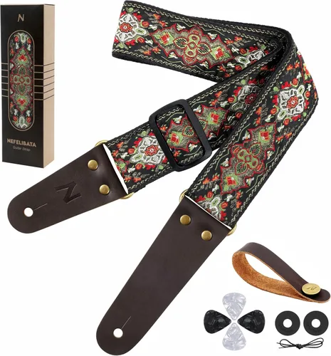 Vista 36 de Nefelibata Correa de guitarra, correas de guitarra de algodón bordadas con extremos de cuero de vaca para bajo, guitarras eléctricas y acústicas
