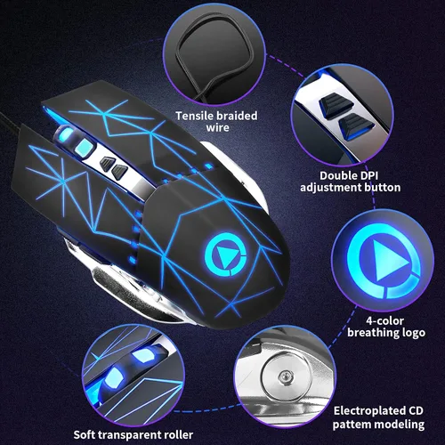 Vista 5 de LETGOALL Silent Click - Ratón de computadora con cable con retroiluminación RGB, 4 DPI ajustables hasta 3200, mouse ergonómico para jugadores
