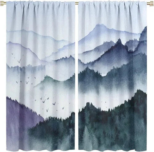 Vista 13 de BAEKJIN Cortinas verdes de bosque brumoso, acuarela, naturaleza, paisaje, plantas, árbol, bolsillo para barra, opacas, tratamiento de ventana