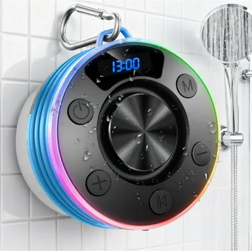 Vista 9 de Altavoz Bluetooth, altavoz de ducha portátil con gancho, altavoces Bluetooth impermeables IPX7 con ventosa, pantalla digital/de tiempo, sonido