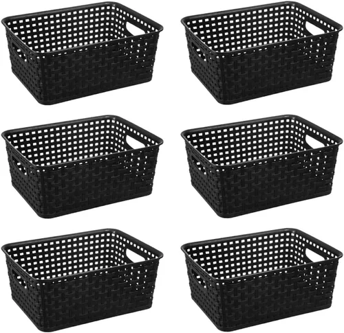 Vista 4 de Cestas de almacenamiento tejidas de plástico negro, paquete de 6 cestas de tejido organizador para cocina, oficina, baño