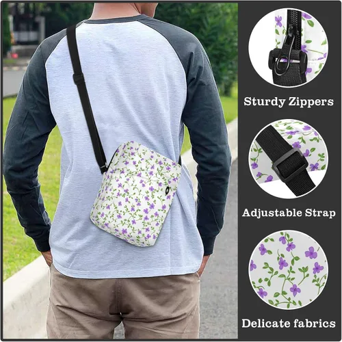 Vista 6 de Small Purple Flowers Green Vines Vintage messenger bags mens shoulder bag Casual Purse Lady Shoulder Handbags Adjustable Strap for Travel Travel
