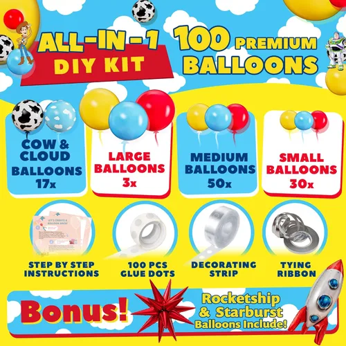 Vista 2 de Kit de arco de globos ALL-IN-1 Toy Story para decoración temática de baby shower de It's A Boy Story – Kit de guirnalda de globos Toy Story con Nube