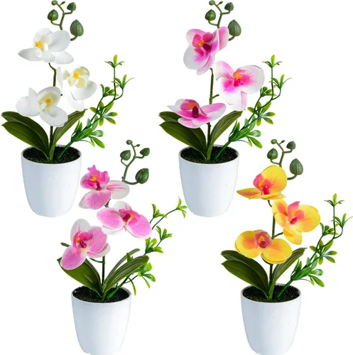 Vista 10 de XONOR Flores artificiales de orquídea, 2 piezas de flores de orquídea en maceta con jarrón de plástico para centro de mesa, decoración del hogar