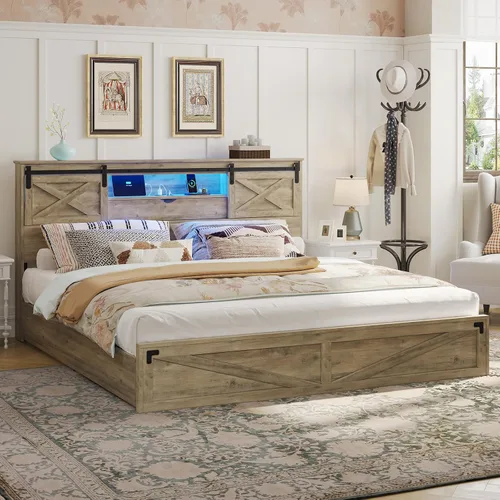 Vista 8 de Base de cama de tamaño King de estilo granja de Hasuit con estante de almacenamiento, cabecero, cama de madera King con luces LED, estación de Roble