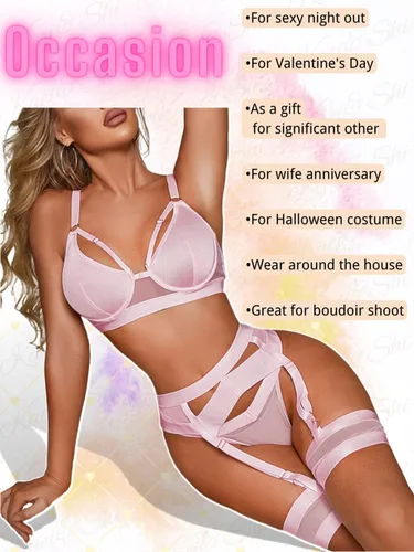 Vista 155 de Kaei&Shi - Lencería con liguero para mujer, conjunto de encaje traslúcido y sexy de 4 piezas combinadas