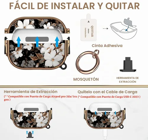 Vista 5 de Funda para AirPods Pro 2/1 con bloqueo de seguridad, compatible con Magsafe Negro + Blanco