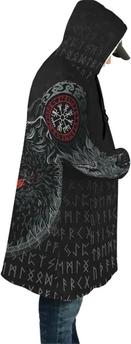 Vista 2 de WSXJJ Abrigo con capucha de tatuaje de lobo vikingo Fenrir en 3D, abrigo nórdico de cachemira sintética para hombre, chaqueta de invierno de media