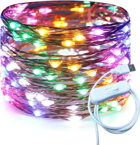 Vista 15 de RUICHEN Guirnalda de luces LED USB de 20 pies con interruptor de encendido/apagado, luces de alambre de cobre impermeables para dormitorio, pared