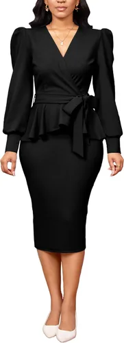 Vista 3 de Vestidos elegantes para mujer, sexy, para iglesia, manga larga, volantes, negocios, lápiz, vintage, peplum, para llevar al trabajo