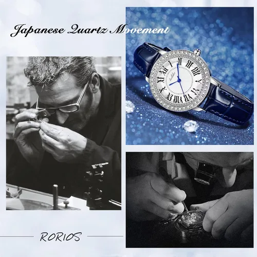 Vista 4 de RORIOS Reloj analógico de cuarzo para mujer con correa de cuero, esfera de cielo estrellado, reloj de pulsera impermeable con diamantes para mujer