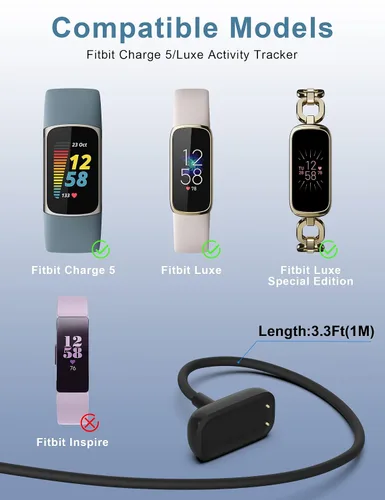 Vista 2 de 1M Reemplazo Fitbit Charge 5 & Luxe Cable de carga con botón de reinicio