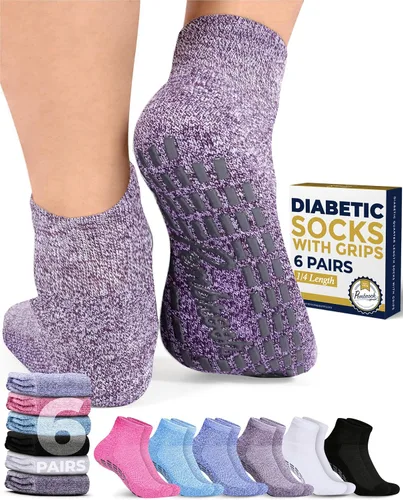 Vista 11 de Pembrook 6 pares de calcetines tobilleros diabéticos para hombres y mujeres con agarres, calcetines de neuropatía de 12 colores para hombres