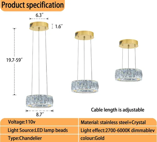 Vista 3 de Araña de Cristal LED Moderna Regulable de 8" Anillo Dorado Luminarias Colgantes para Isla de Cocina Comedor Sala de Estar