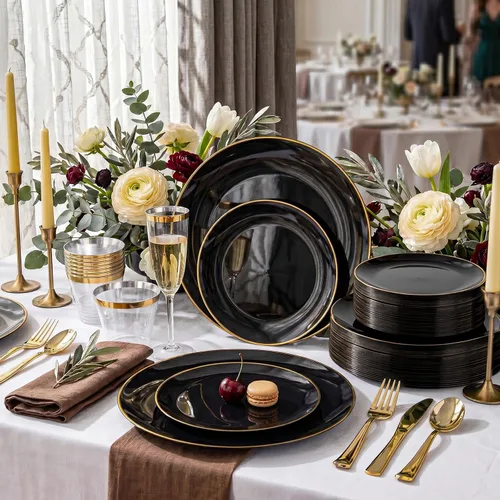 Vista 2 de KIRE 60 platos de plástico negro, platos desechables negros con borde dorado para fiesta de Halloween/graduación, incluye 30 unidades de 10.25