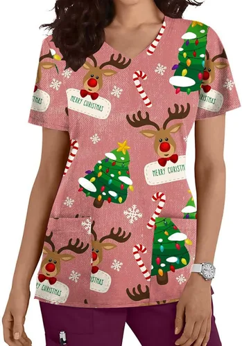 Vista 3 de Womens Merry Christmas Scrubs Fashion 2023 Christmas Apparel Stretchy Printed V-Neck Medical Scrub Tops Shirt Blouse