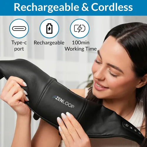 Vista 3 de ZENLOOP Masajeador de cuello y hombros ultra cómodo, terapia avanzada de amasado 4D con calor relajante, recargable USB-C, diseño ajustable, uso