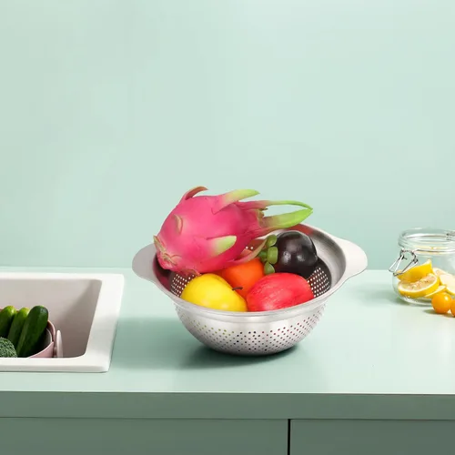 Vista 7 de BESPORTBLE Cuenco de acero inoxidable grueso multiusos con asas, para lavado de arroz y pasta, soporte estable para fregadero para verduras, frutas