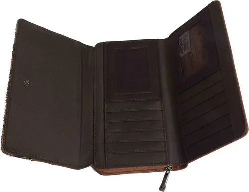 Vista 5 de Montana West Cartera de cuero para mujer con tachuelas occidentales, Café Whipstitched Trinity Ranch Cuero, Moderno