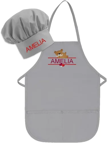 Vista 9 de Conjunto de delantal y sombrero personalizado para niños, diseño de animales, añade tu propio nombre para niños, cocina, horneado Blanco