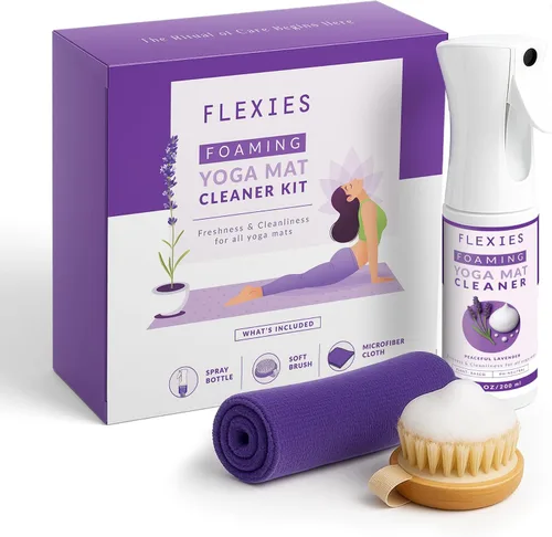 Vista 9 de Flexies Kit de limpieza de esterilla de yoga – Spray de esterilla de yoga a base de espuma con cepillo suave y paño de microfibra Esenciales