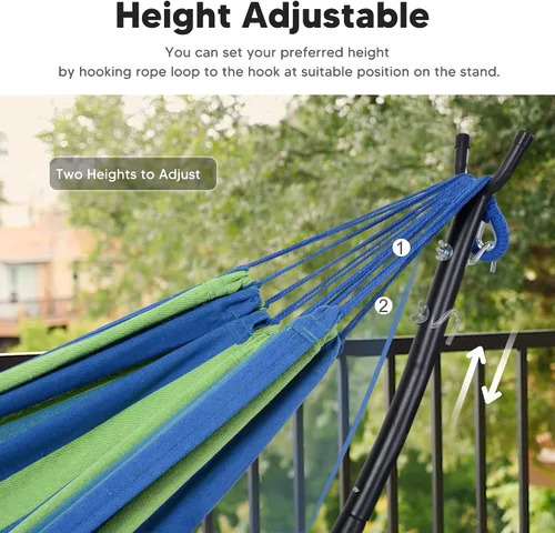 Vista 7 de SUNCREAT Hamaca portátil para exteriores con soporte incluido, hamaca doble con soporte para exteriores, rayas azules y verdes